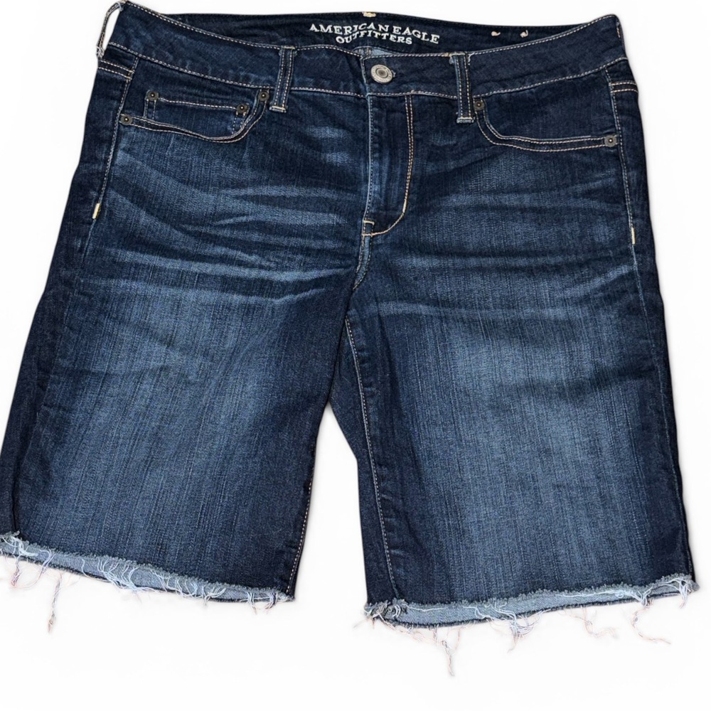 American Eagle Denim Shorts Womens 14 Dark Wash Super Stretch Cut Off Bermuda